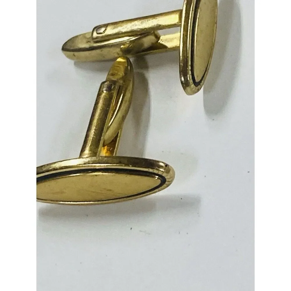 Vintage Gold Plated Oval Cufflinks Black Accent Classic Mens Retro Set
